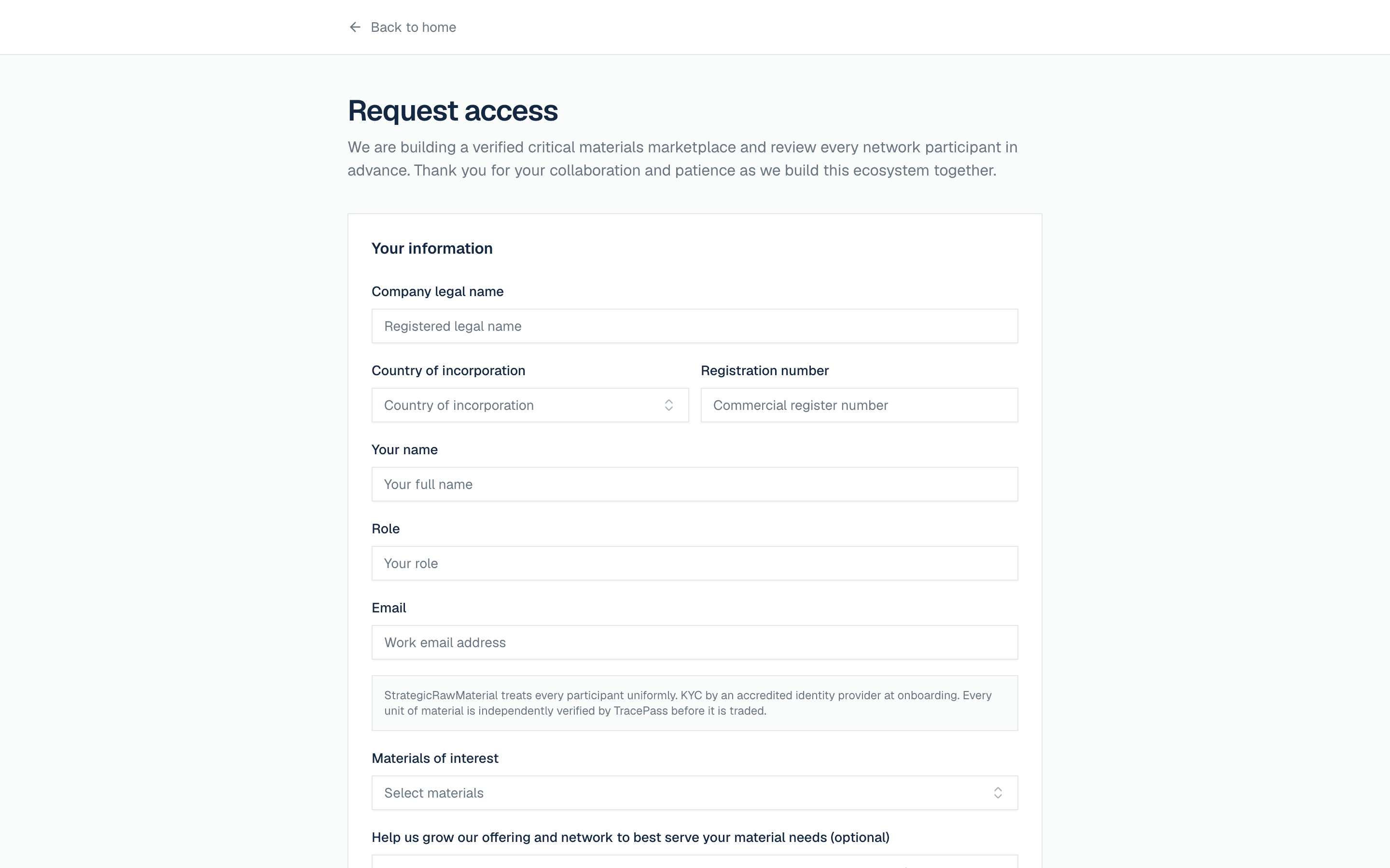 StrategicRawMaterial Request access form with company, contact and materials-of-interest fields