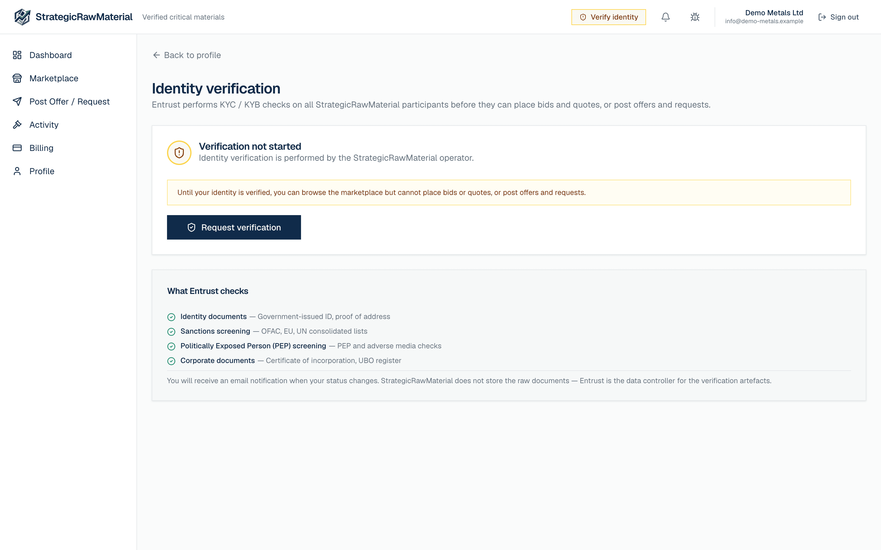 Identity verification page with a Request verification button and the list of Entrust checks